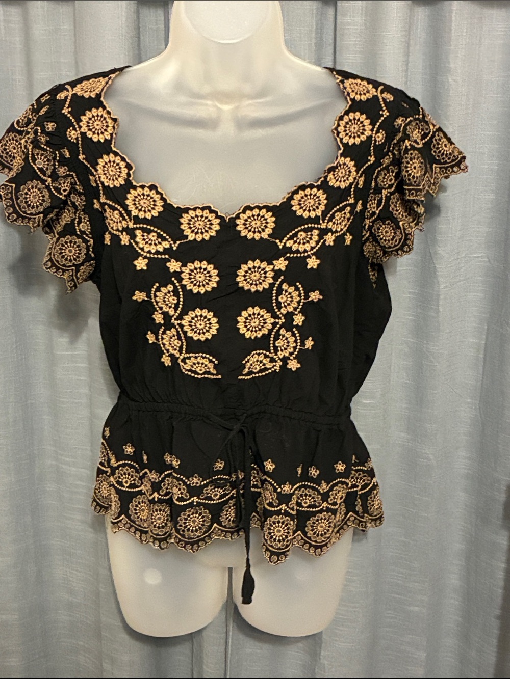 Democracy Black Blouse with Tan Floral Embroidery